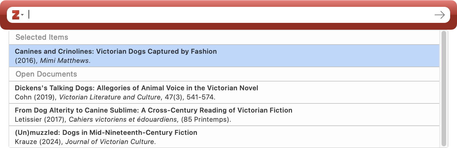 188BET靠谱吗A screenshot of the Zotero citation dialog showing 'Selected Items' and 'Open Documents' sections in the search results, with 'Canines and Crinolines: Victorian Dogs Captured by Fashion' pre-selected