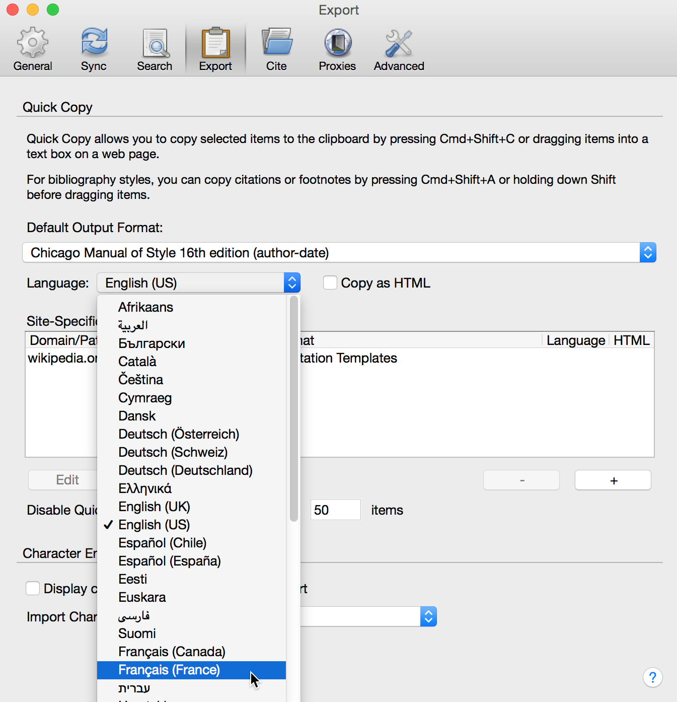 Selecting 'Français (France)' for the bibliography language