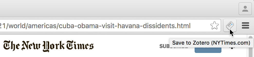 Hovering over the new save button on a New York Times article