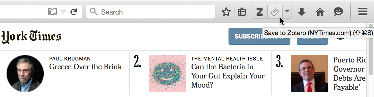 Hovering over the new save button on a New York Times article