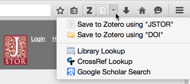 Save menu with options for saving using JSTOR or DOI translator